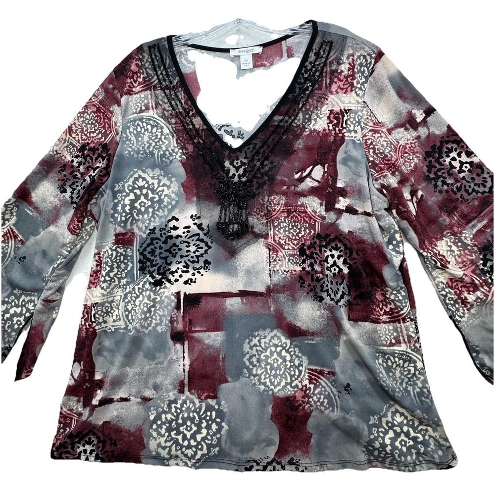 Dressbarn‎ Top 2X Whimsigoth Fairy Grunge Burnout Dark Floral 3/4 Flare Sleeve